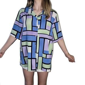 Allison Daley Womens Size 14 Button Down Top Shirt Colorblock Blue Lilac Pastel